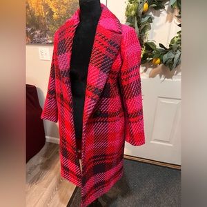Ann Taylor Petite Plaid Long Double Breasted Coat Red Pink Black